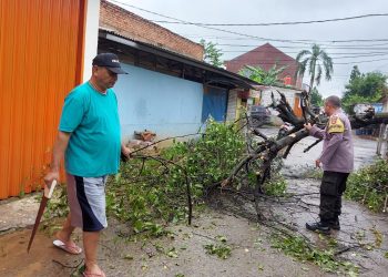 Bhabinkamtibmas Polsek Legok Bantu Warga Memotong Pohon Tumbang yang Menutupi Jalan