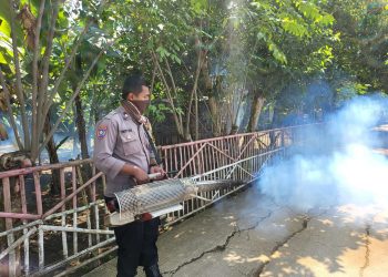 Cegah DBD : Bhabinkamtibmas Bersama Petugas Kesehatan Lakukan Fogging 